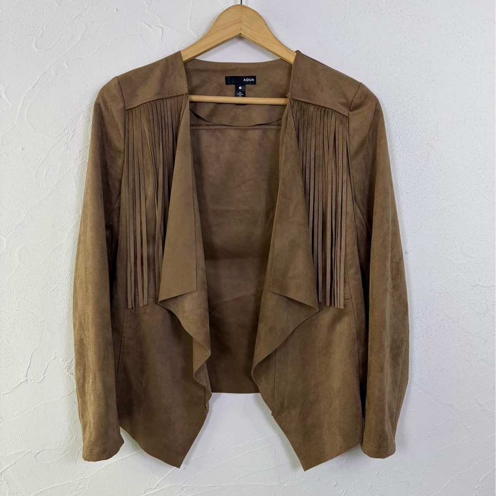 AQUA Fringe Faux Suede Jacket Womens Small Brown Draped Open Front Western Boho